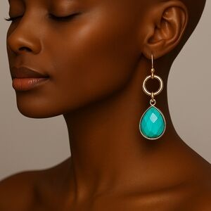 Women's Turquoise Dangle Earrings - Small Hoop Polished Gold Tone Drop Jewelry